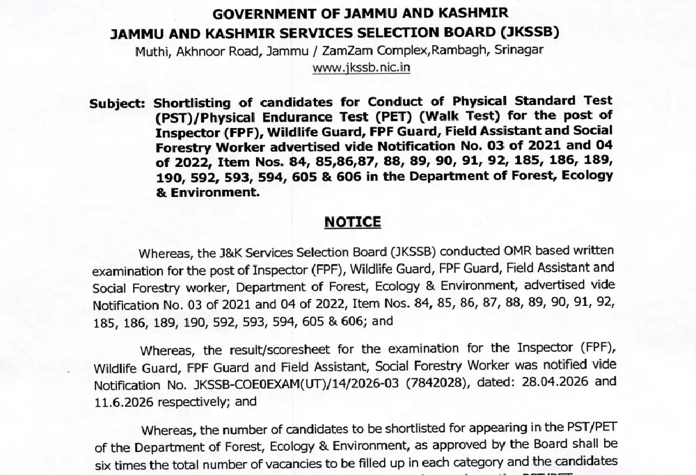 JKSSB PST/PET Shortlisted Candidates PDF
